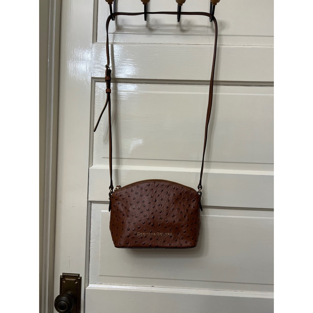 Dooney & Bourke Ostrich Embossed Leather Crossbody Bag Cognac Brown Dome Small